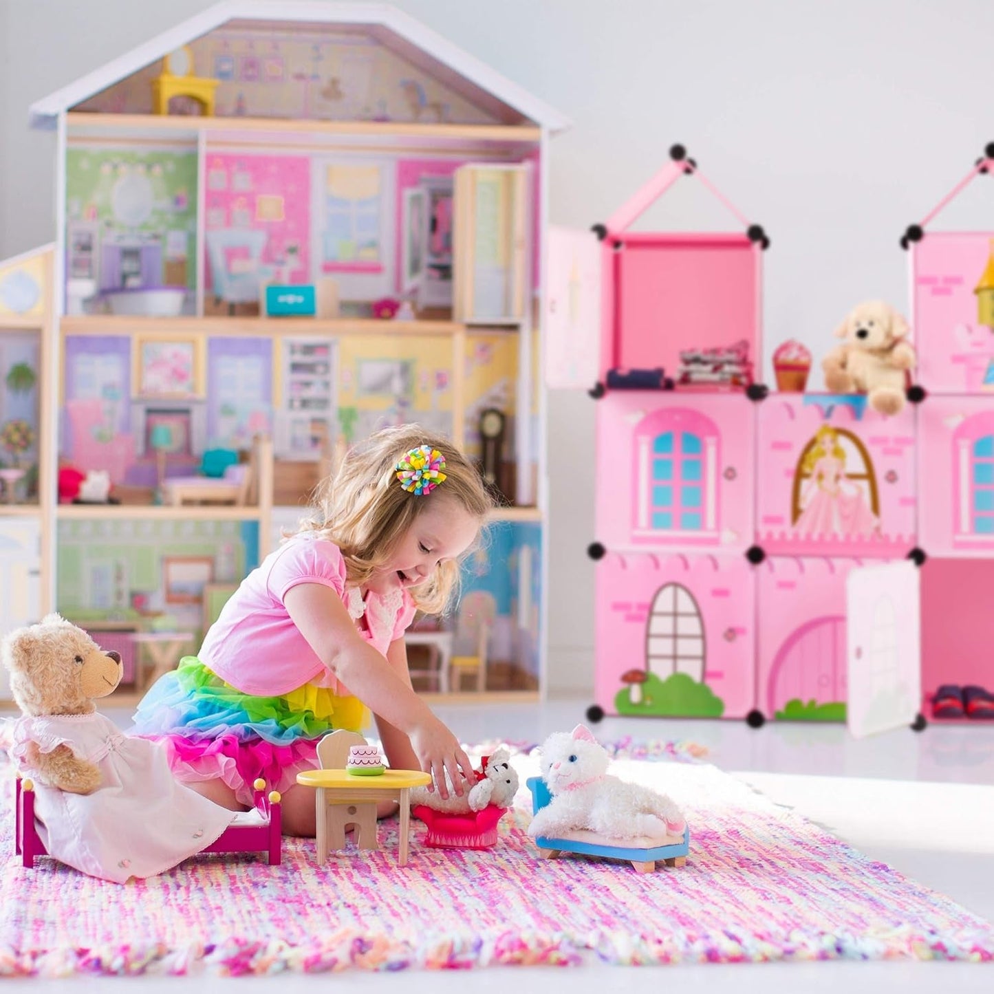 Relaxdays modulaire plank voor kinderkamers, prinsessenkasteelontwerp, kunststof, doe-het-zelfkast met deuren, HL: 128 x 110 x 37 cm, roze