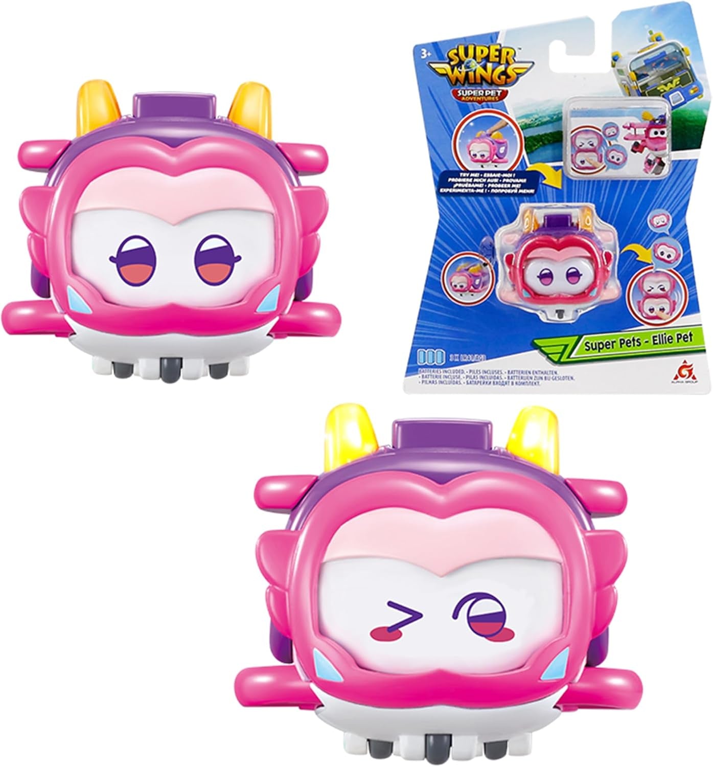 Super Wings Super Pets 4 stuks Shine, Golden Boy, Jerome, Ellie Verwisselbare gezichtsuitdrukking Bliksemeffect Draagbaar speelgoed voor 3 4 5 6 7 8 jaar oude jongensmeisjes 2 inch actiefiguren Naty Shop Ellie