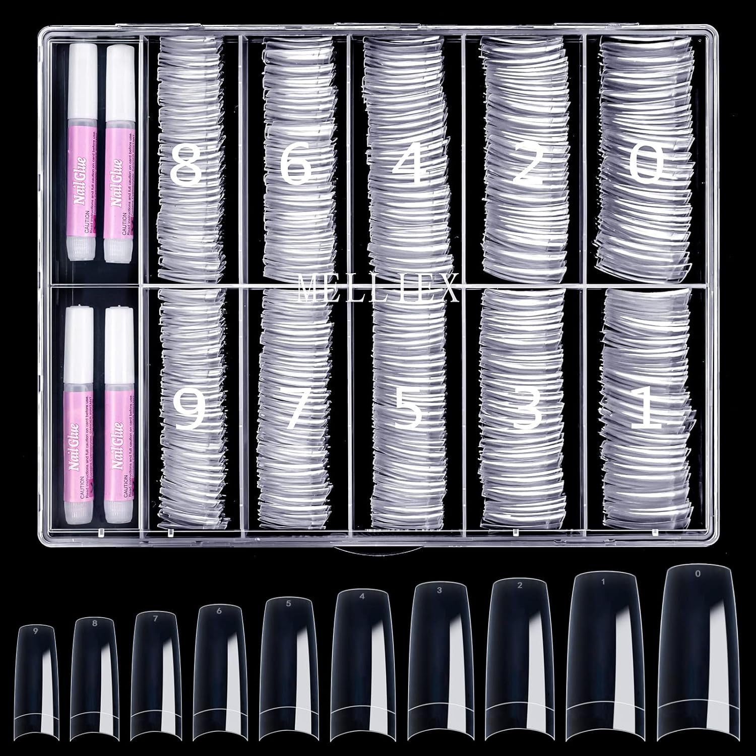 500 stuks Franse kunstnageltips Acryl valse nageltips Set Nagelverlengingen Nageltips Valse nagelaccessoires met 4 stuks nageldesignlijm Gelnagels Natuurlijk