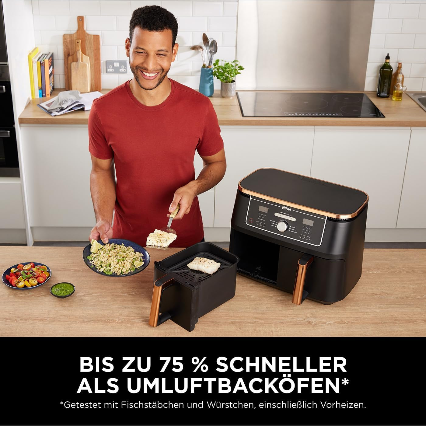 Ninja Foodi AF400EUCP MAX luchtfriteuse met twee zones, heteluchtfriteuse van 9,5 liter, 2 compartimenten, met tang, antiaanbaklaag Huishoudelijke apparaten Naty Shop