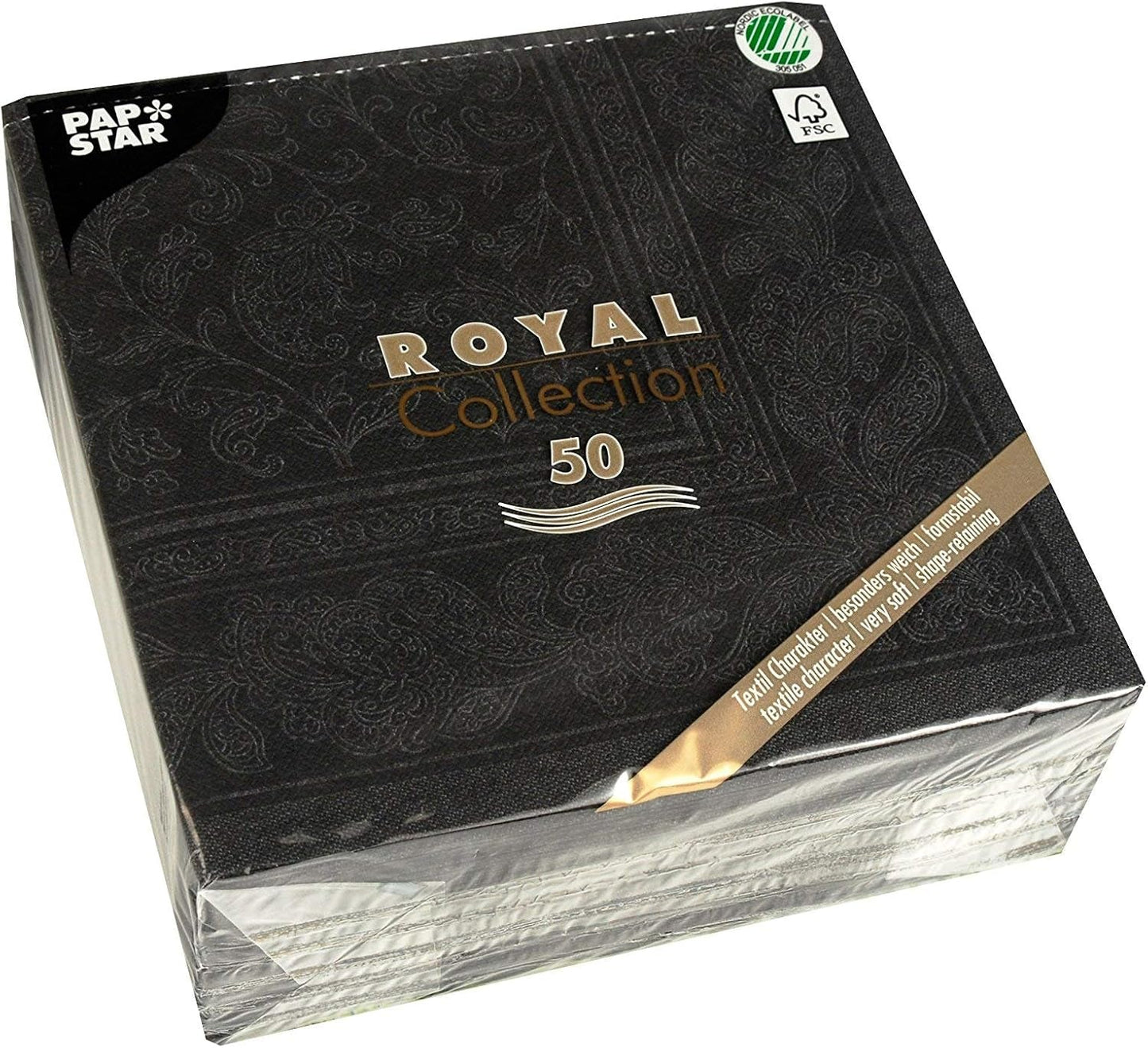 50 servetten ROYAL Collection 1/4-vouw 40 X 40 zwart "Ornamenten"