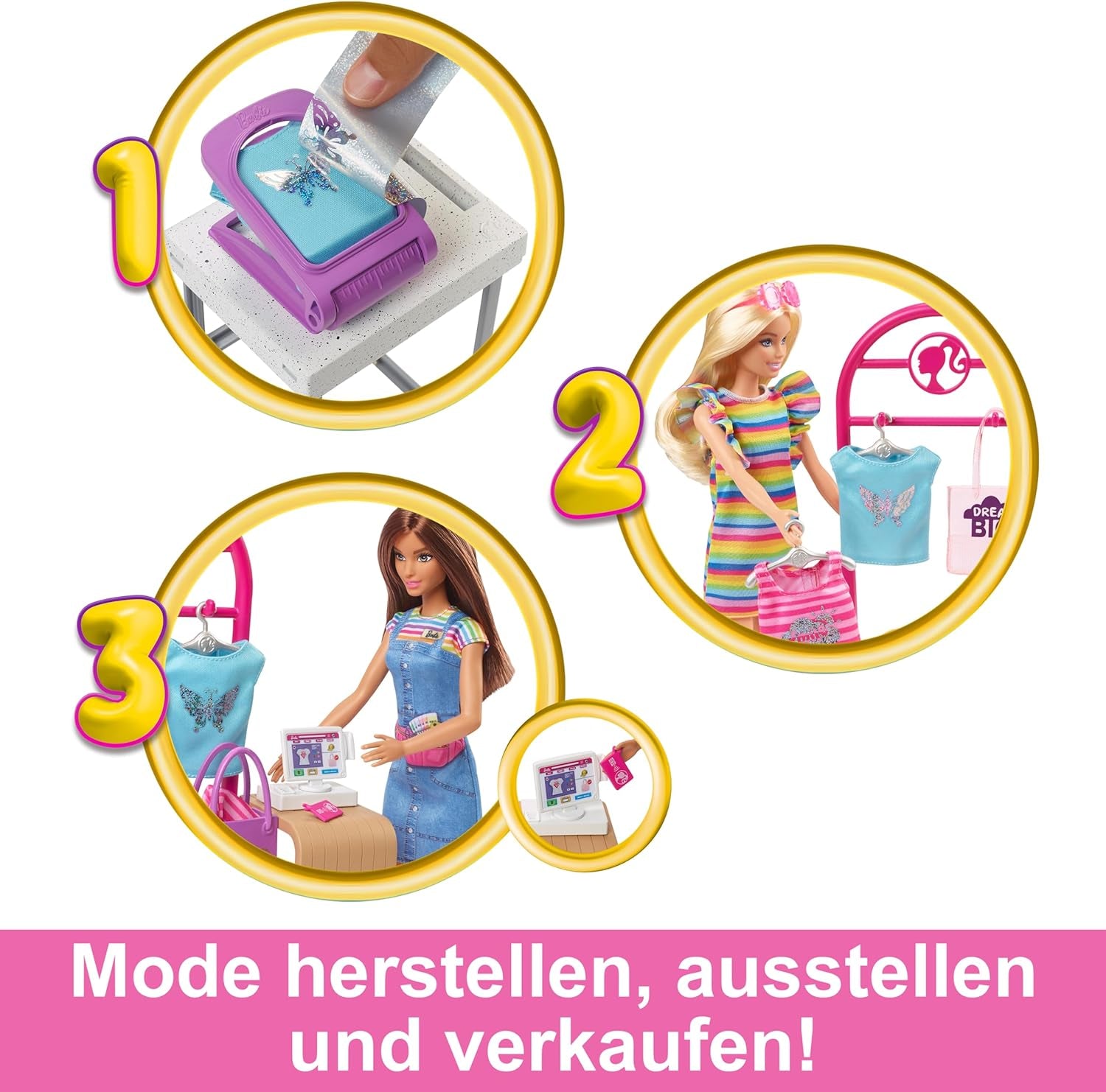 Barbie Fashion Boutique speelset - pop met foliepatroon, meer dan 150 originele looks, inclusief 2 blouses en 5 folievellen, kledingstandaard en creditcardlezer, vanaf 3 jaar, HKT78