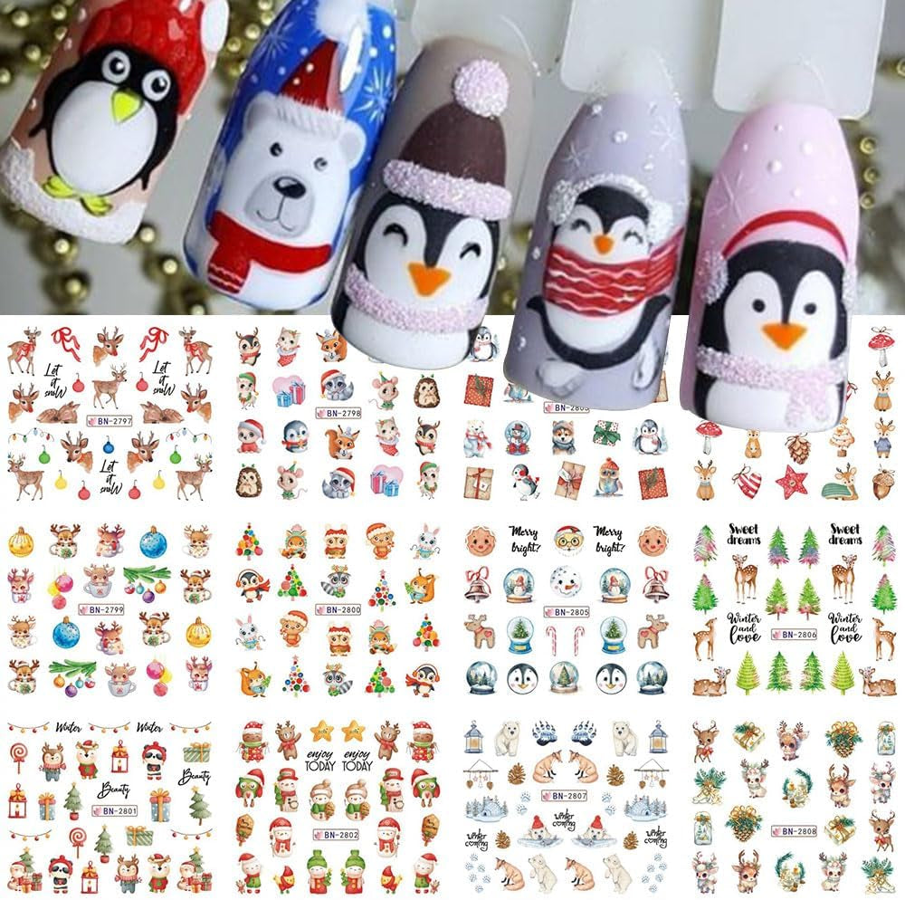 3D-kerstnagelstickers Zelfklevende wateroverdracht Kerstboom Sneeuwvlok Eland Pinguïn Kerstnagelkunst Winternagelontwerpen Kerststickers Nagelaccessoires