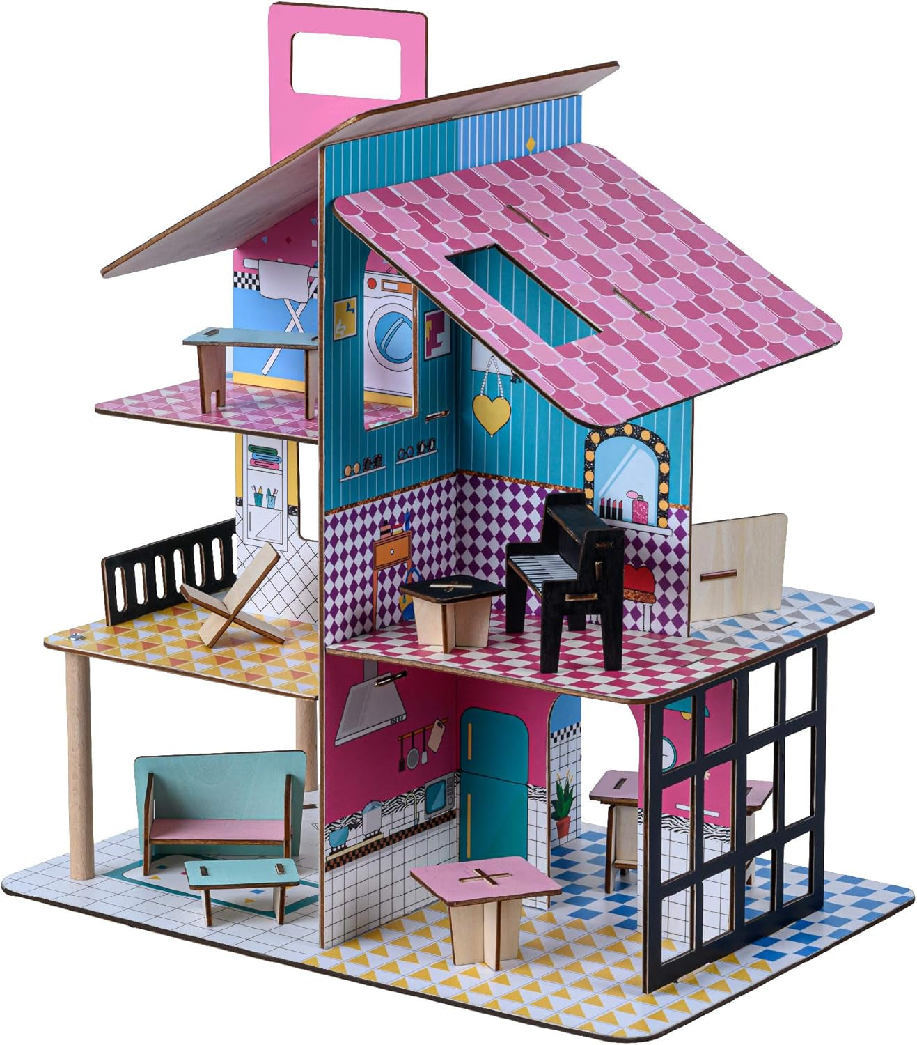 Olivia's Little World 360 houten poppenhuis voor kinderen, 3,5" poppen en 12 accessoires, veelkleurig TD-13260C