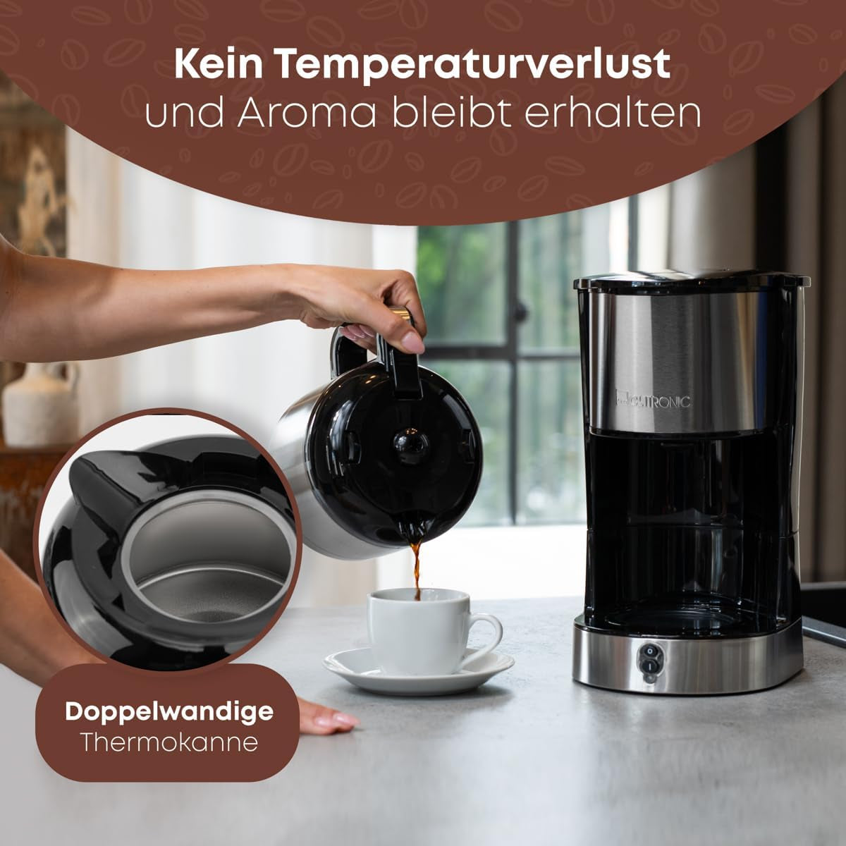 Clatronic® koffiezetapparaat met thermoskan voor 8–10 koppen koffie (ca. 1,2 l) | RVS filterkoffiezetapparaat | Dubbelwandige thermoskaraf | Geen temperatuurverlies | Koffiezetapparaat 800 W | KA 3805