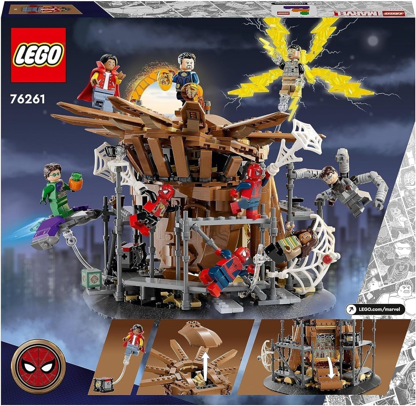 LEGO 76261 Marvel Spider-Man's Big Showdown, Spider-Man: No Way Home set met 3 minifiguren Peter Parker plus Green Goblin, Electro, Sandman, Ned, Doctor Strange en MJ, verzamelmodel Bouwsets Besuche in LEGO-Store