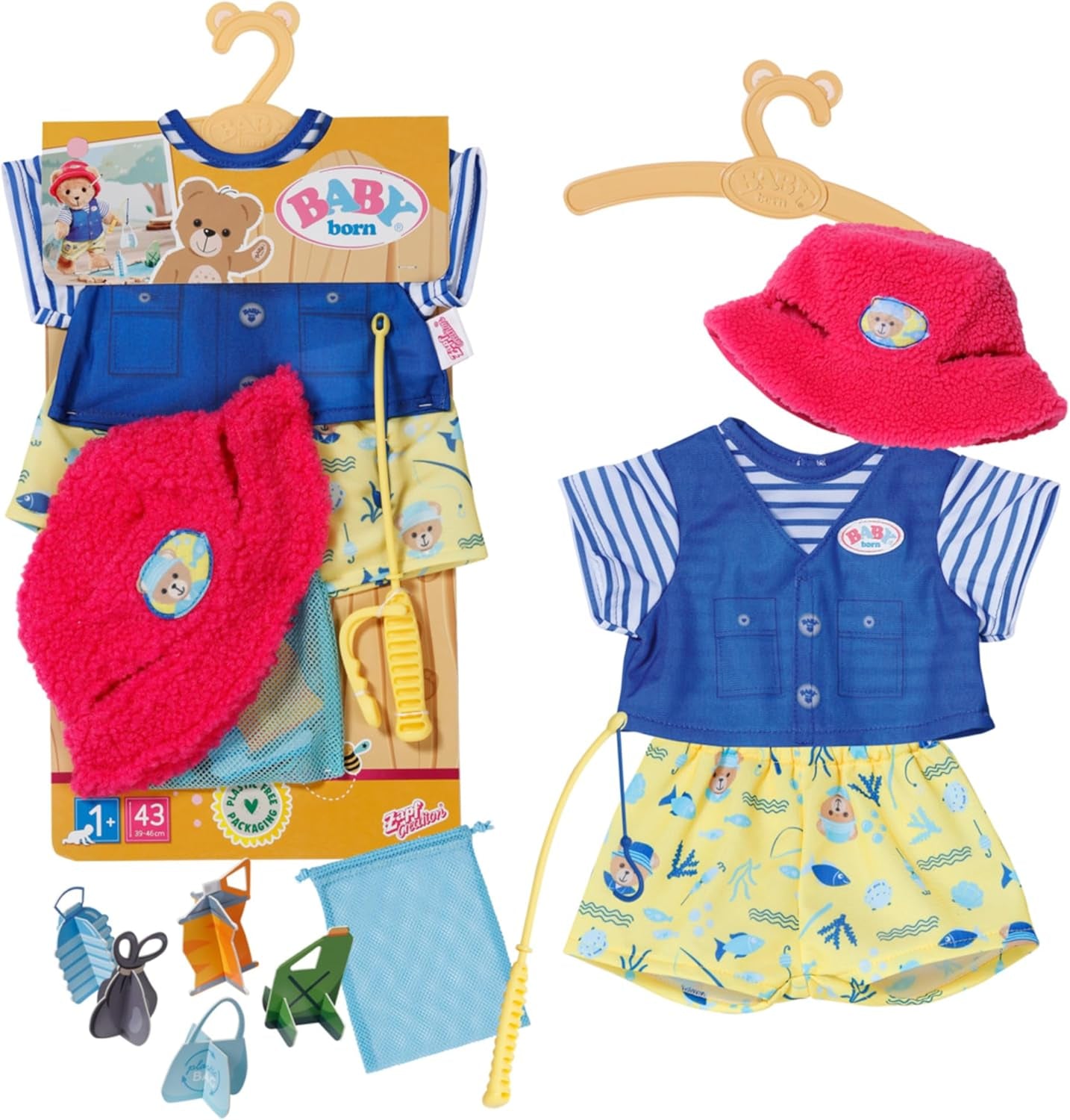 Baby Born Teddy Angler-kostuum met hengel voor poppen van 43 cm en teddybeer, 835982 Zapf Creation