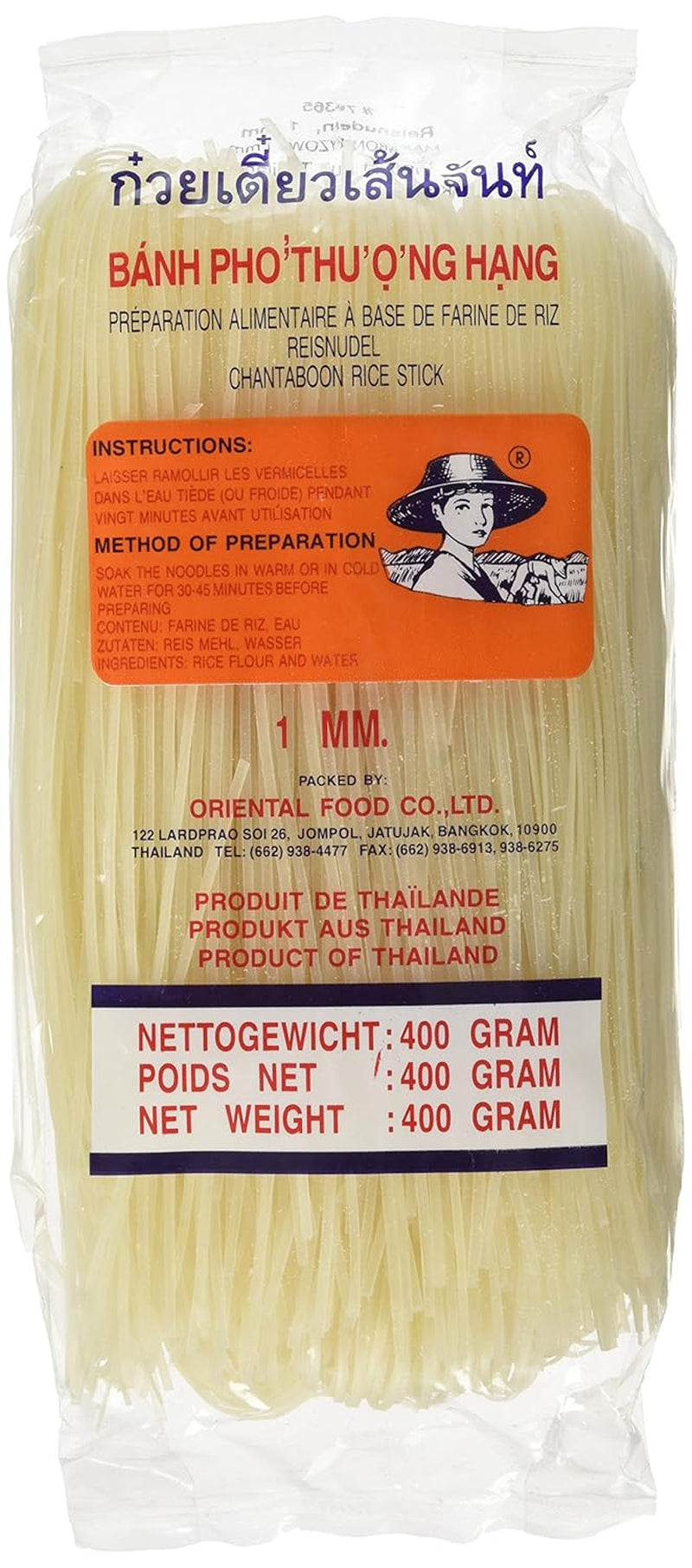 Rijstnoedels - Thaise, 1 mm brede rijstlintnoedels, gemaakt van rijstmeel - 17 x 400 g