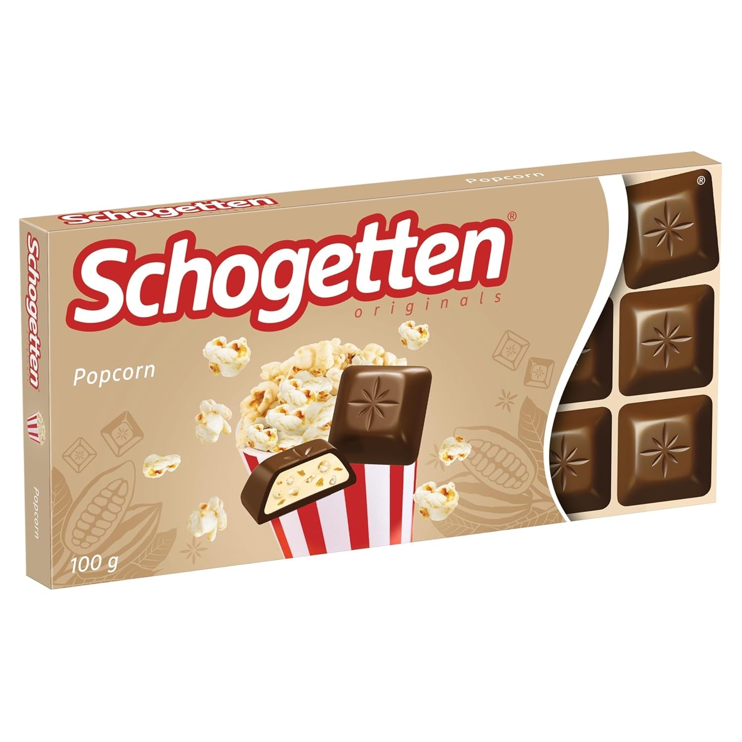 Schogentten popcorn 1 chocoladereep x 100 g, melkchocolade met popcorn en stukjes maïs, praktische losse stukjes. Een delicatesse. Stuk voor stuk.