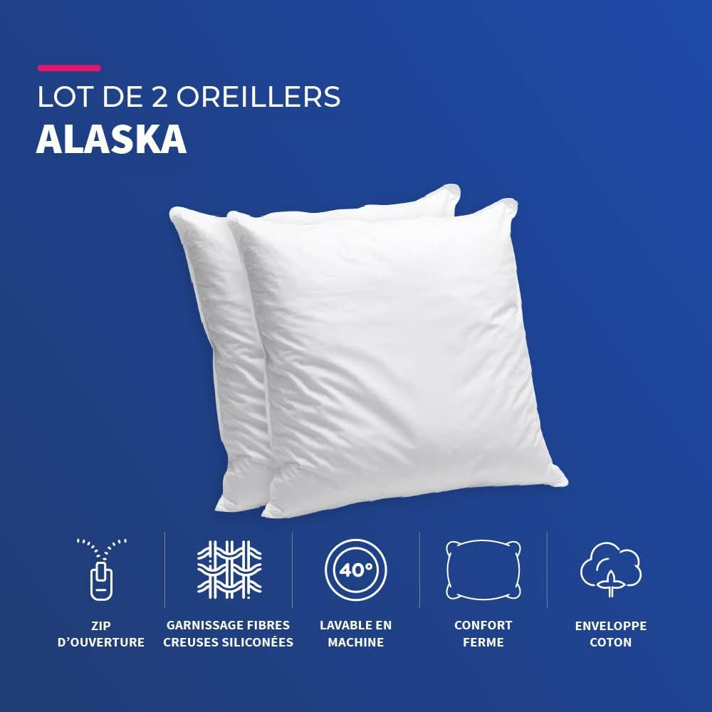 Blue Câlin Set of 2 Pillows with Firm Comfort "Alaska", Super Filling, 100% Cotton Percale Envelope, White, 65 X 65 cm Square Shape Naty Shop Standard Pillows