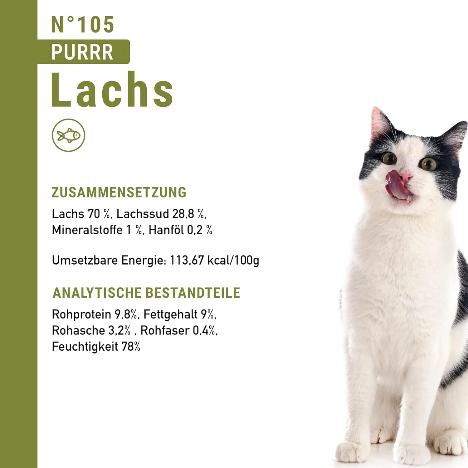 Kattennatvoer Catz Finefood Purrrr met monoproteïne en zalm nr. 105, voor katten met een gevoelige spijsvertering, 16 x 80 g