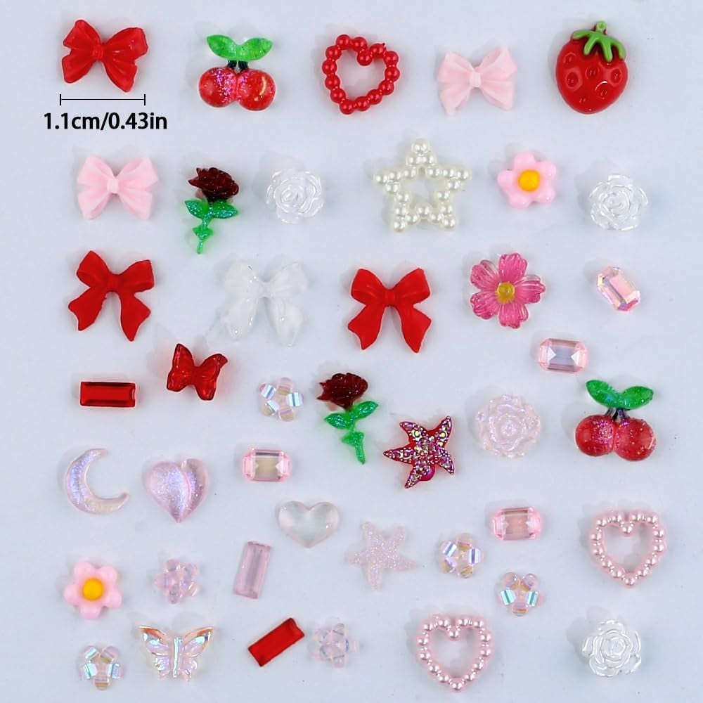100 stuks 3D nagelbedels Rosa Rot Kirsche Erdbeere Blume Nagel Charms Kamelie Rose Schmetterling Nail Art Charms Flatback Herz Schleife Charms Nägel Zubehör Mond Stern Nagelschmuck Nageldesign Anhänger