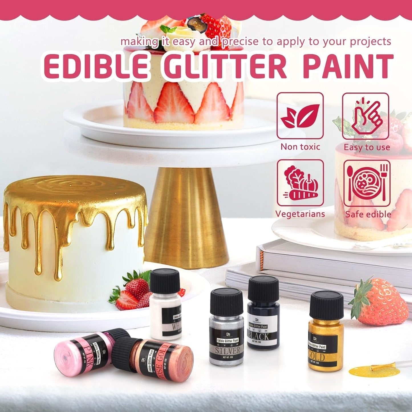 Eetbare vloeibare glitter - 6 kleuren metallic glitter kleurstof voor taartdecoratie, bakken, muffins - Eetbare vloeibare glitter metallic poeder voor doe-het-zelf koekjes, fondant, taarten