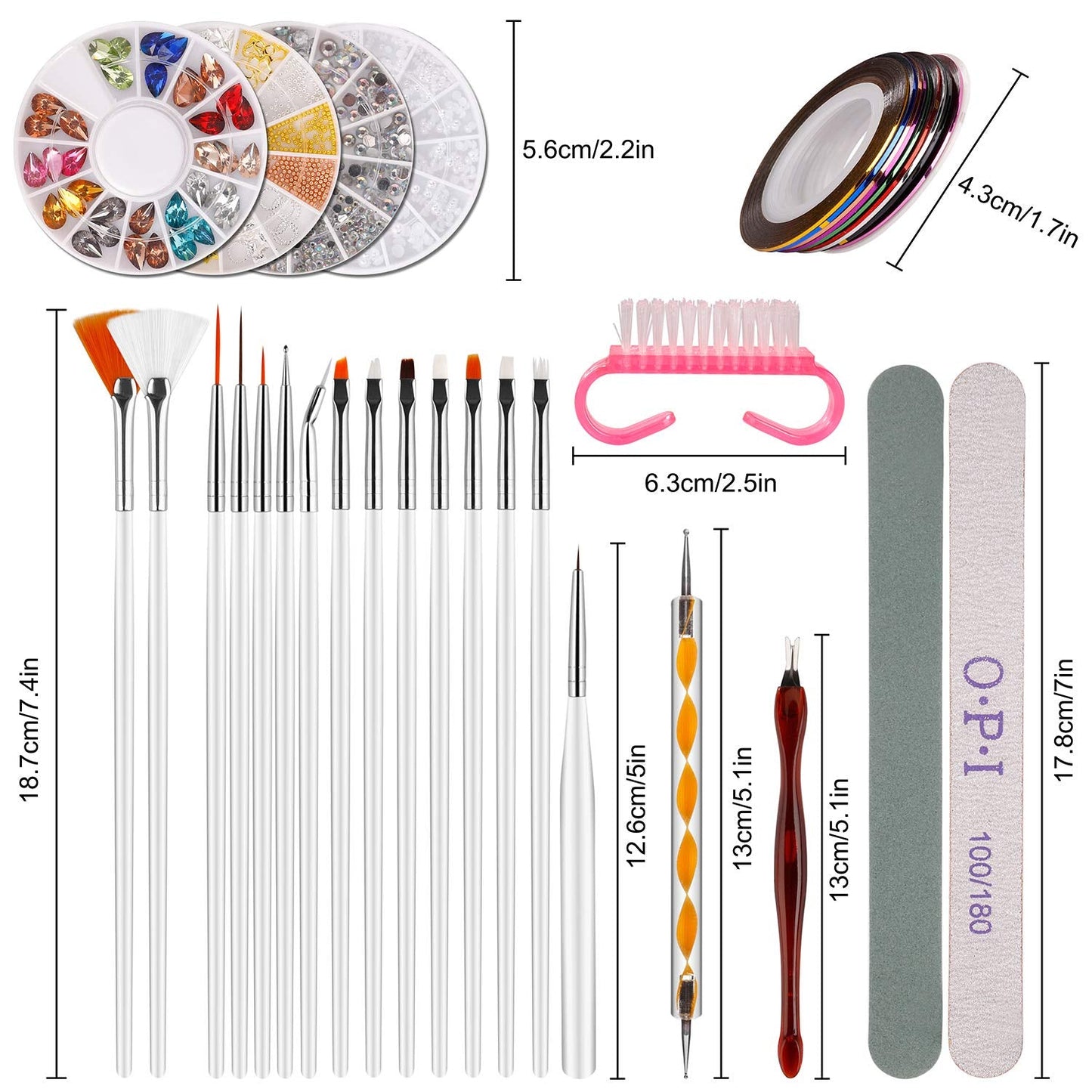 Nail Art Decoraties & Nagelpinsel Set, Nageldesign Zubehör, Nagelset 5 Stk 2 Wege Punktierung Stift, 15 Malerei Polnisch Pinsel Set, 10 Streifenband, 4 Boxen Bunte Nagel Steentjes Decoratie