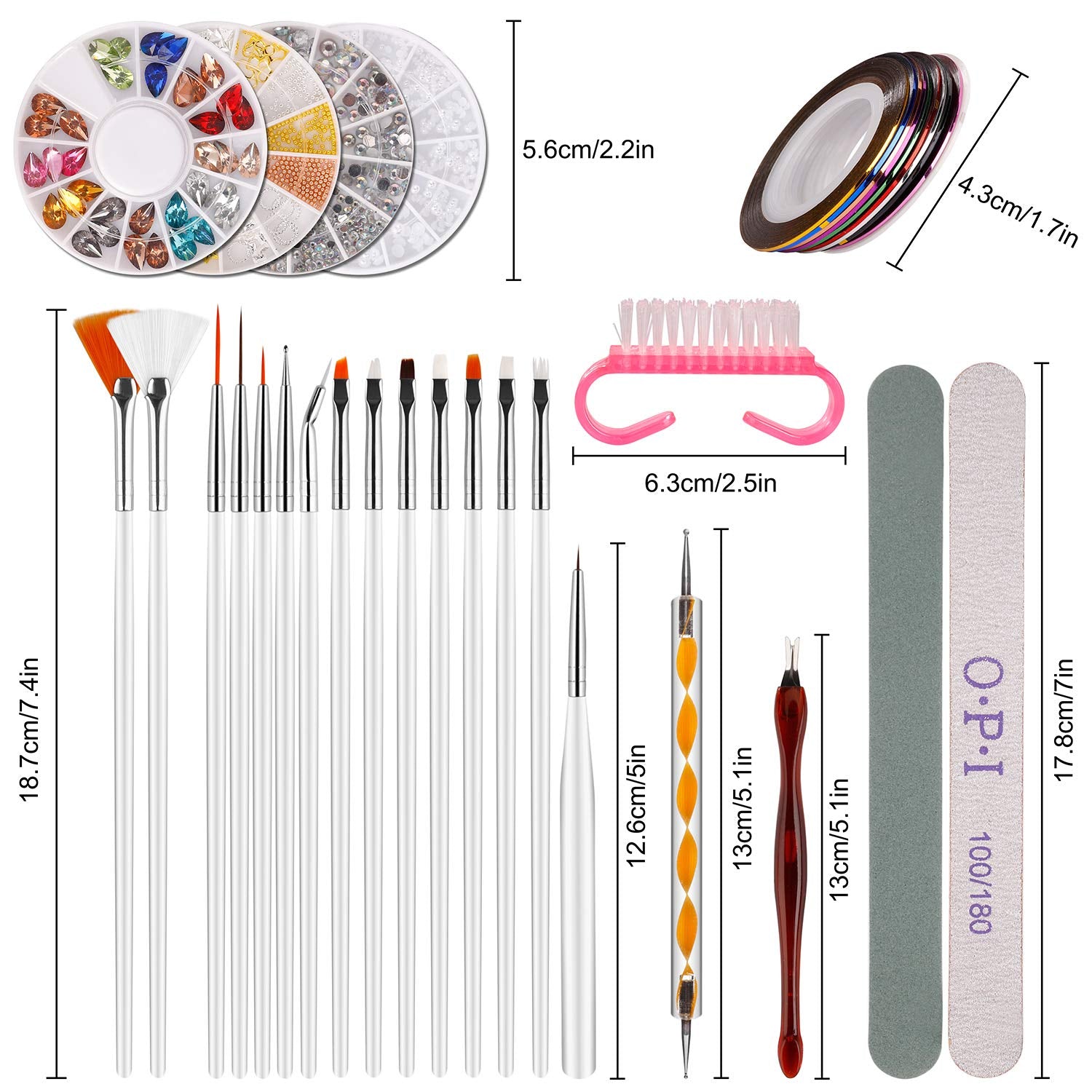 Nail Art Decoraties & Nagelpinsel Set, Nageldesign Zubehör, Nagelset 5 Stk 2 Wege Punktierung Stift, 15 Malerei Polnisch Pinsel Set, 10 Streifenband, 4 Boxen Bunte Nagel Steentjes Decoratie