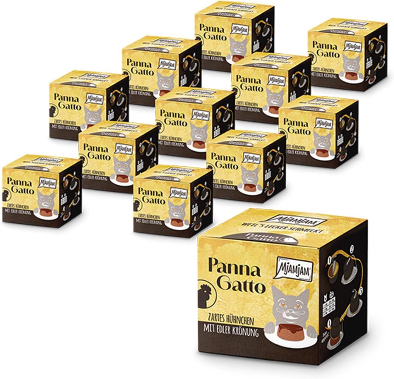 MjAMjAM - Premium natvoer voor katten - Panna Gatto - malse kip met een edele topping, verpakking van 12 (2x80g), graanvrij
