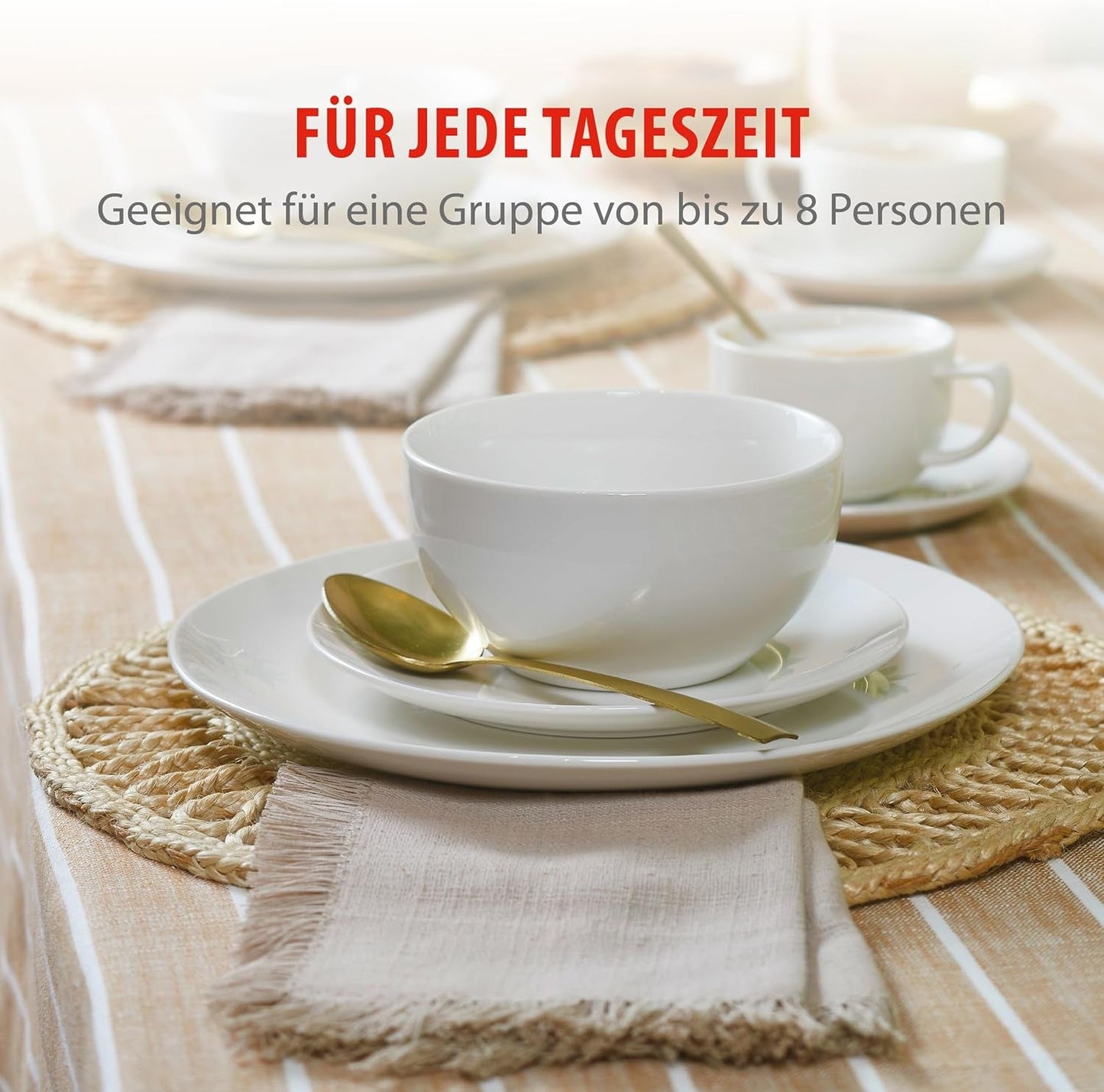 alpina Geschirrset 8 Personen - 40-teiliges Steingut Geschirr - Teller Set mit Speiseteller, Schalen en Kaffeebecher - Camping Geschirr - Mikrowelle- en Spülmaschinengeeignet - Weiß