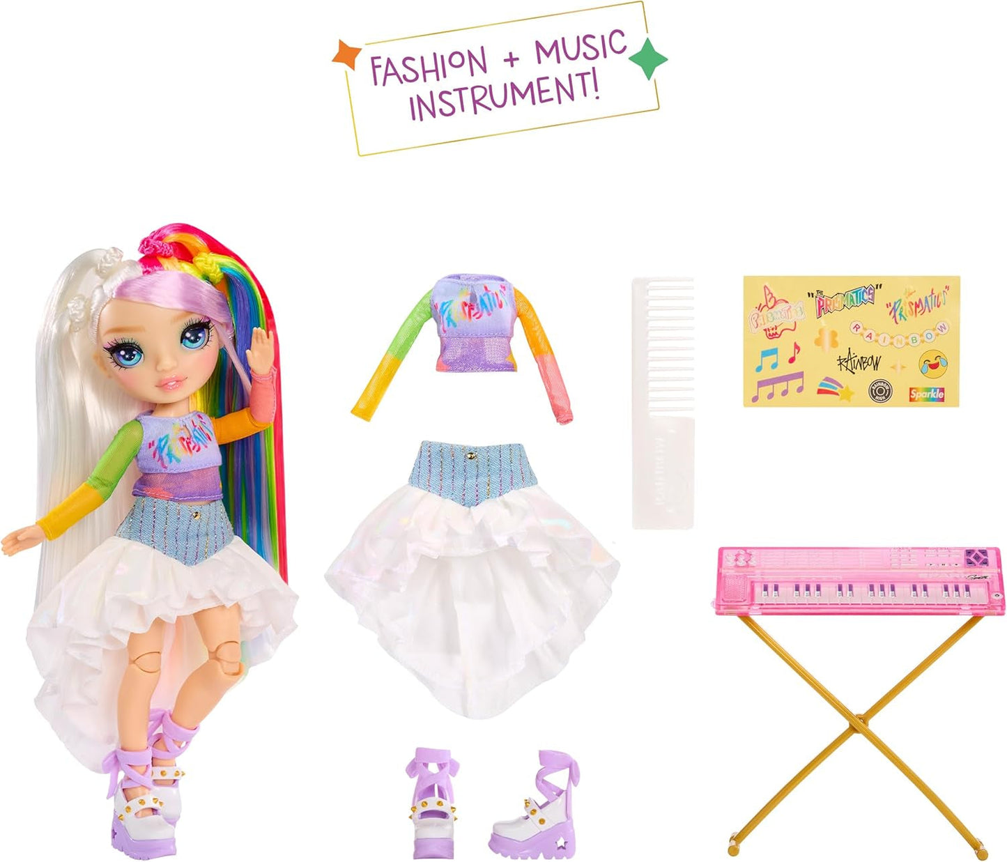 Rainbow High Junior High Rock Band - Amaya, regenboogkleuren - 23 cm modepop met toetsenbord, aanpasbaar met stickers, scharnierend, schattig speelgoed voor kinderen vanaf 4 jaar