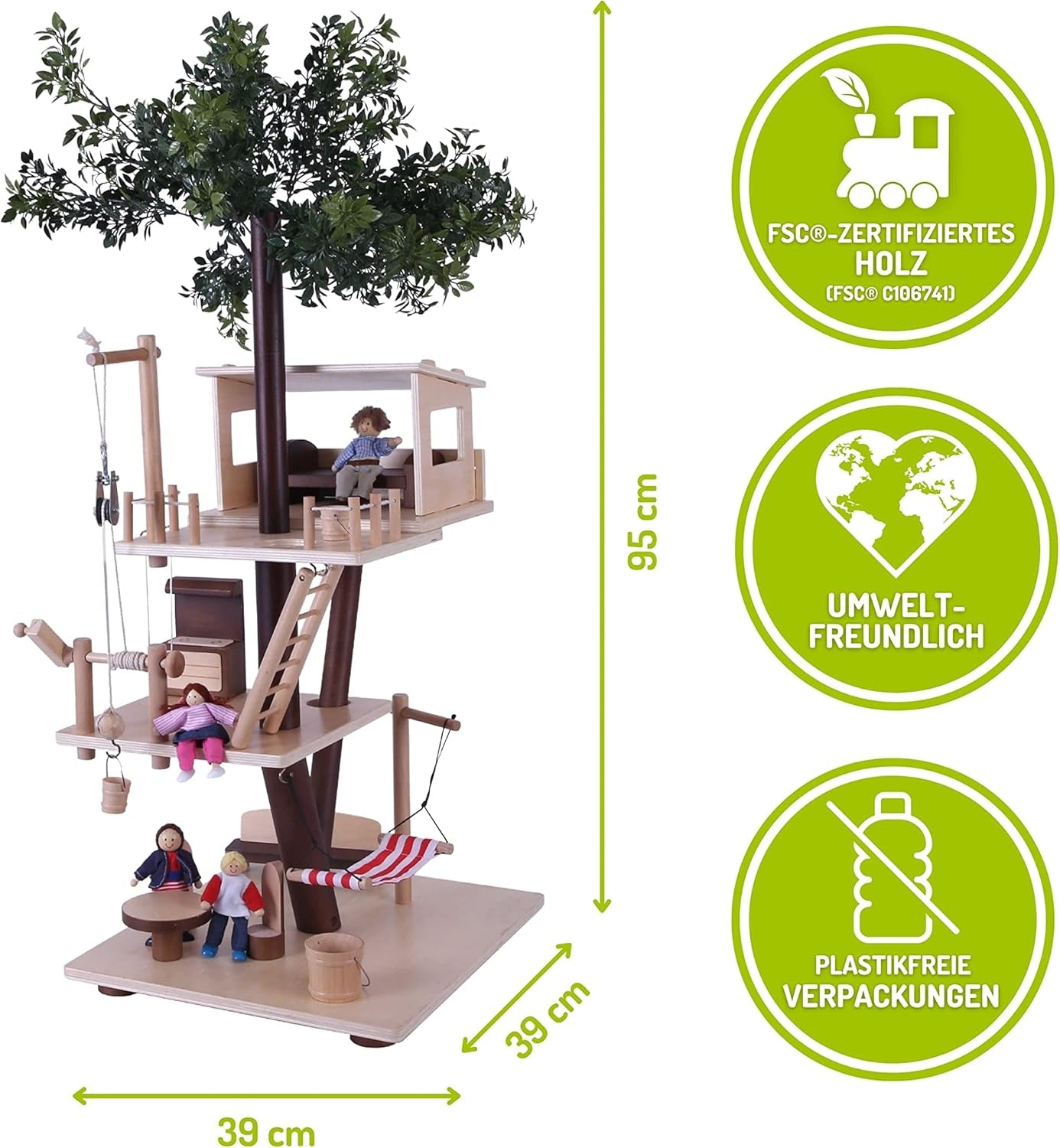 Everearth Houten Boomhut - Poppenhuis voor kinderen vanaf 3 jaar - Duurzaam speelhuis met accessoires - Fsc®-gecertificeerd - Perfect houten speelgoed voor fantasierijk spelen - Poppenhuismeubilair EE33767 Naty Shop Poppenhuizen