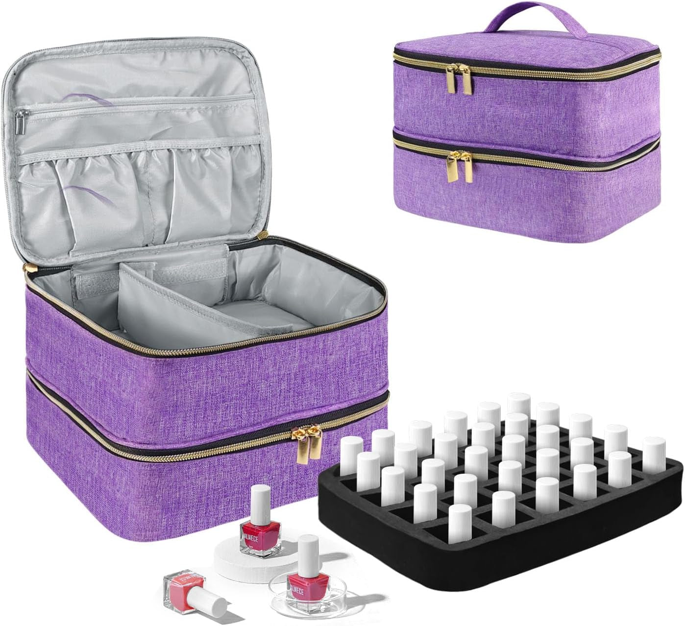 Nail Lacquer Organizer Tasche, Doppelschicht Nail Lacquer Storage Box, Organizer Koffer Für Nageldesign Kosmetiktasche Für 30 Flaschen Neonail Base (15Ml-0.5 Fl.Oz) & 1 nagellamp (zwart)