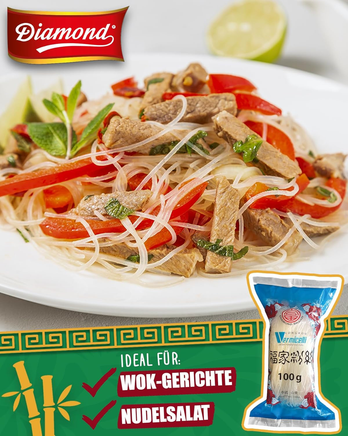 DIAMOND glasnoedels, lange glasnoedels, natuurlijk veganistisch en glutenvrij - 1 x 100 g
