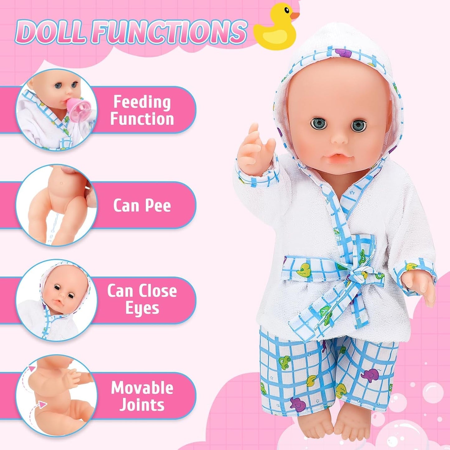 deAO poppenbadset, interactieve pop van 33 cm, poppenbad, poppenspeelset met fopspeen, poppenkleding, badjas, poppenluiers, badkuip en functionele douchespray