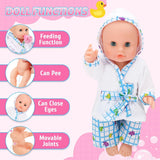 deAO poppenbadset, interactieve pop van 33 cm, poppenbad, poppenspeelset met fopspeen, poppenkleding, badjas, poppenluiers, badkuip en functionele douchespray