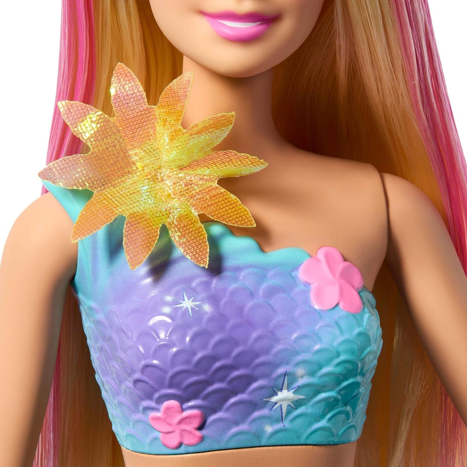 Barbie Meerjungfrauen-Spielzeug Puppe mit magischer overraschungs Blüte, Schwanzflosse mit Farbverlauf, perlenbesetzten Haarreif en lang blond Haar met rosa Strehchen, JDM72