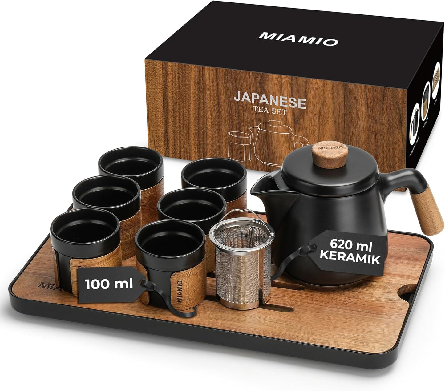 MIAMIO - Japans/Chinees theeservies 6 x 100 ml / Aziatische theepot 620 ml met thee-ei, traditionele Japanse theepotset voor theeliefhebbers/mannen/vrouwen (zwart)