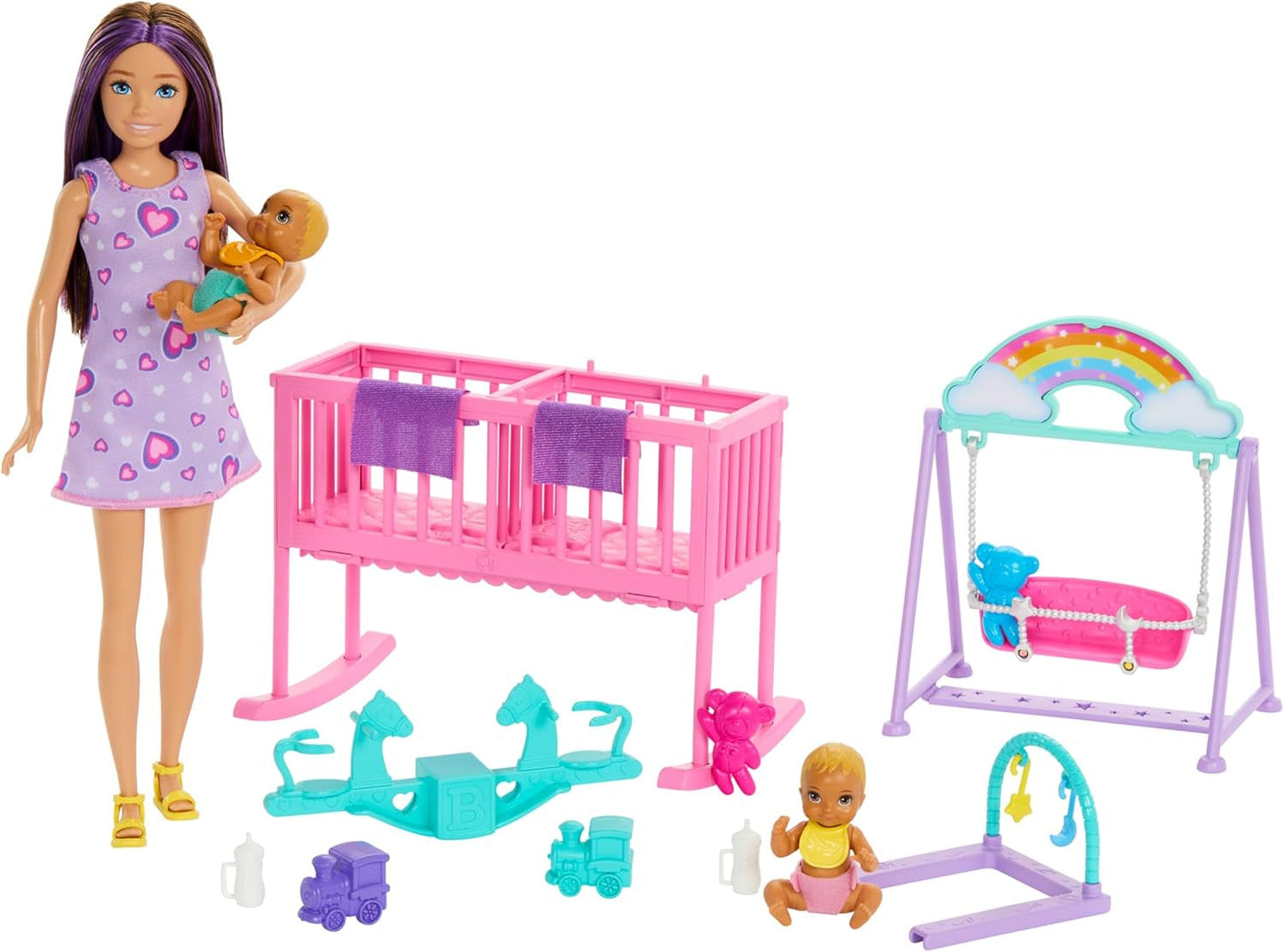 Barbie Schipperpop en speelhuis met accessoires, inclusief tweelingpoppen, 1 wieg, 1 schommel, 1 schommelstoel en meer, HXM99