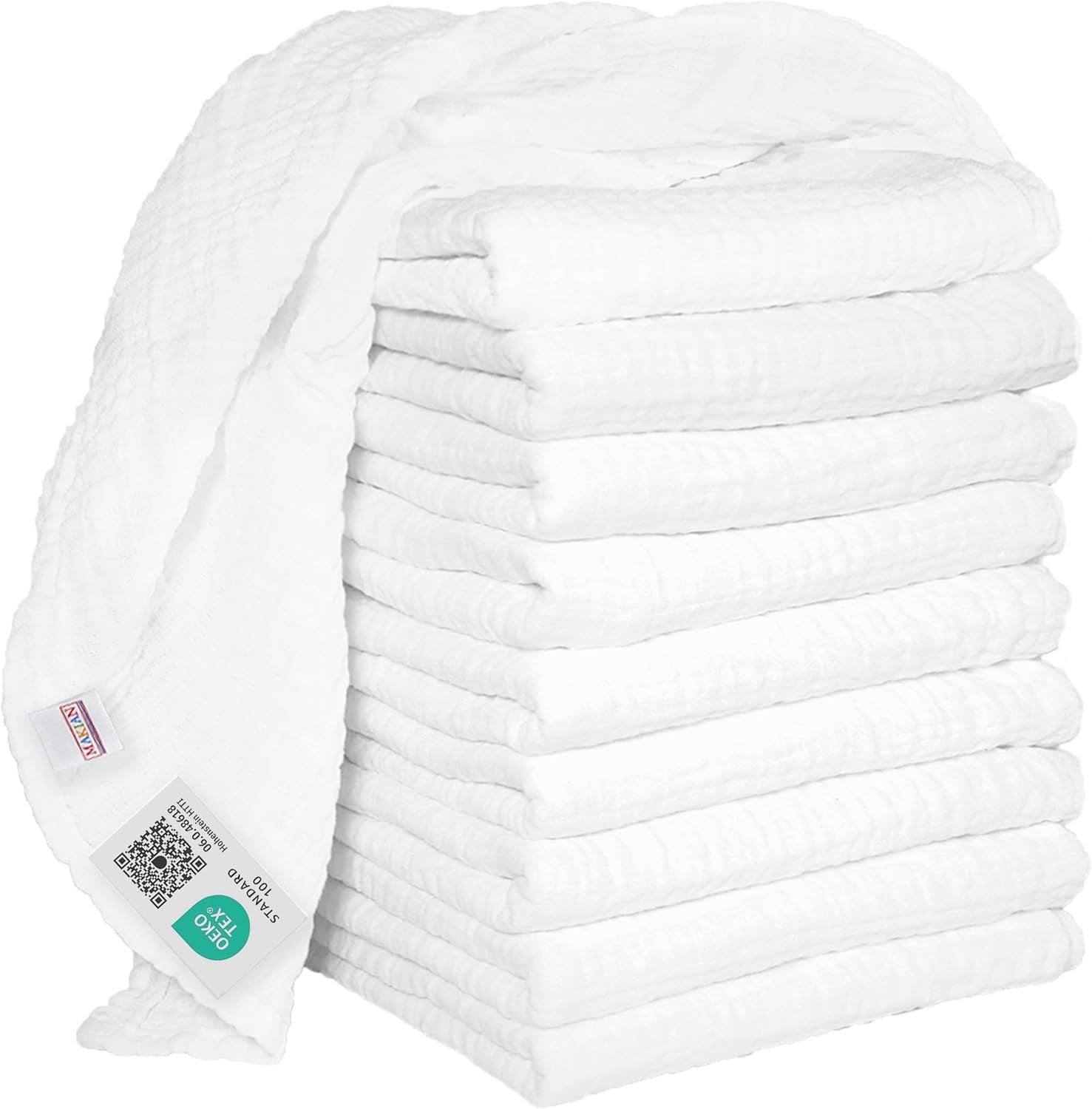MAKIAN Mousseline Vierkantjes, 10 Stuks, 80x80cm, Oeko-TEX® Standaard 100 Gecertificeerd, 10 Premium Spuugdoekjes - Dubbel Geweven Stoffen Vierkantjes / Mousseline Vierkantjes, Kookbestendig - Wit