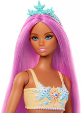 Zeemeermin-Barbiepop met prachtig roze haar en hoofdband, pop met zeesterrenhoofd en zachte oranje staartvin, HRR05