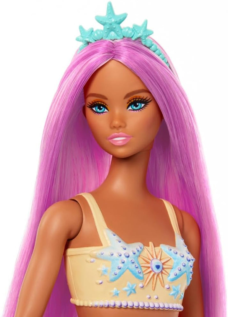 Zeemeermin-Barbiepop met prachtig roze haar en hoofdband, pop met zeesterrenhoofd en zachte oranje staartvin, HRR05
