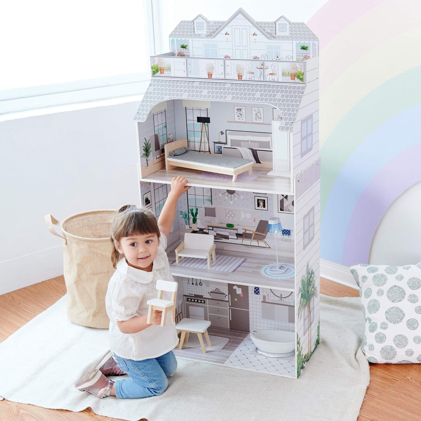 Teamson Kids Olivia's Little World gigantisch poppenhuis met meubels en accessoires, houten poppenhuis, 3-laags speelset voor poppen van 30 cm, vanaf 3 jaar