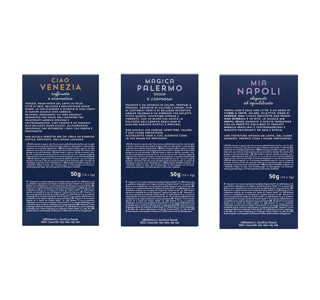 Caffè Borbone Verkostung Kit, 90 aluminium capsules: 30 Mia Napoli, 30 Ciao Venezia, 30 Magica Palermo, (3 x 30 Stück) – Compatibel met Kaffeemaschinen für den Hausgebrauch van het merk Nespresso®*