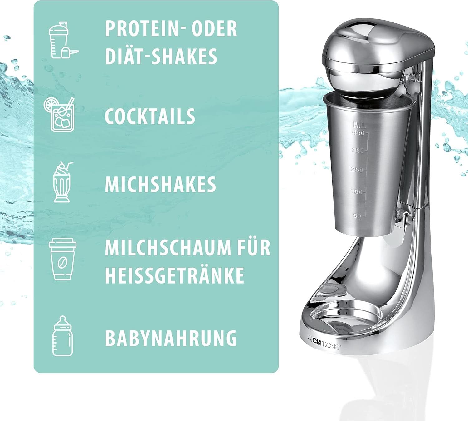 Clatronic® Barmixer U. Milchaufschäumer | Smoothiemaker | 650 ml Edelstahlbehälter | Praktischer Becherhalter | Menger | 2 Geschwindigkeitsstufen | Kraftvoller 65 Watt Motor | Chroomdesgin | BM 3472 Keuken Naty Shop