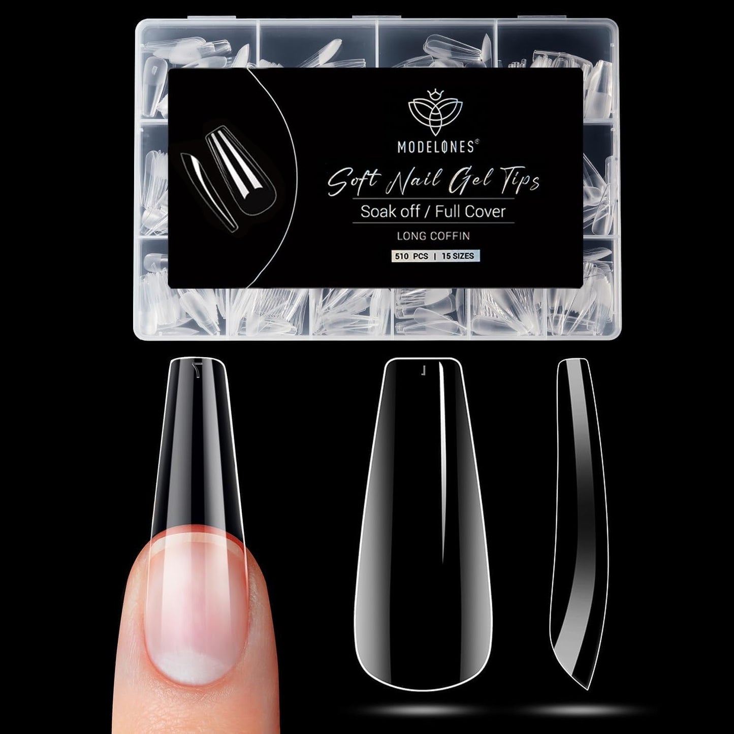 Modelones nageltips 510-delig - volledig dekkende nageltipsset, geltipsset, pre-polijst PMMA-hars nageltips, kunstnagels voor lijm op nail art DIY, korte Squoval