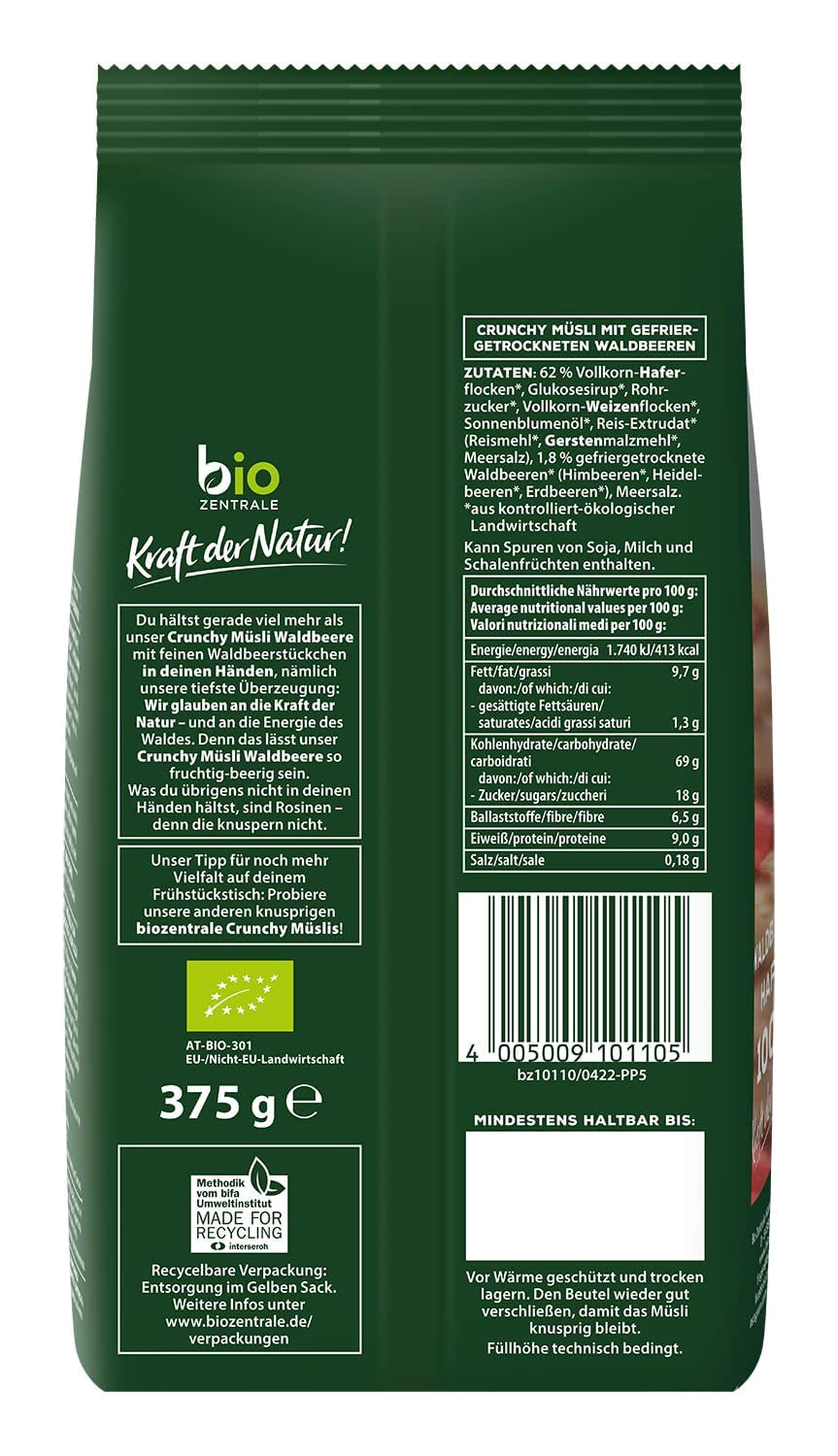 Krokante muesli met bessen Biozentrale | 375 g biologische Muesli | Ideaal voor het ontbijt en je kopje meeneemmuesli | Een alternatief voor mueslirepen