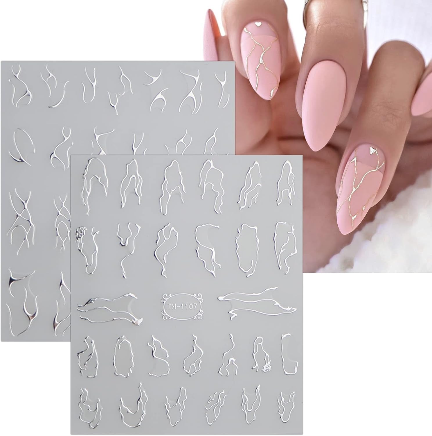 JMEOWIO Nagelsticker Marmor Linie 9 Blatt Nail Art Sticker Selbstklebend Nagelaufkleber Silver Bunt Decoratie Nageldesign Zubehör