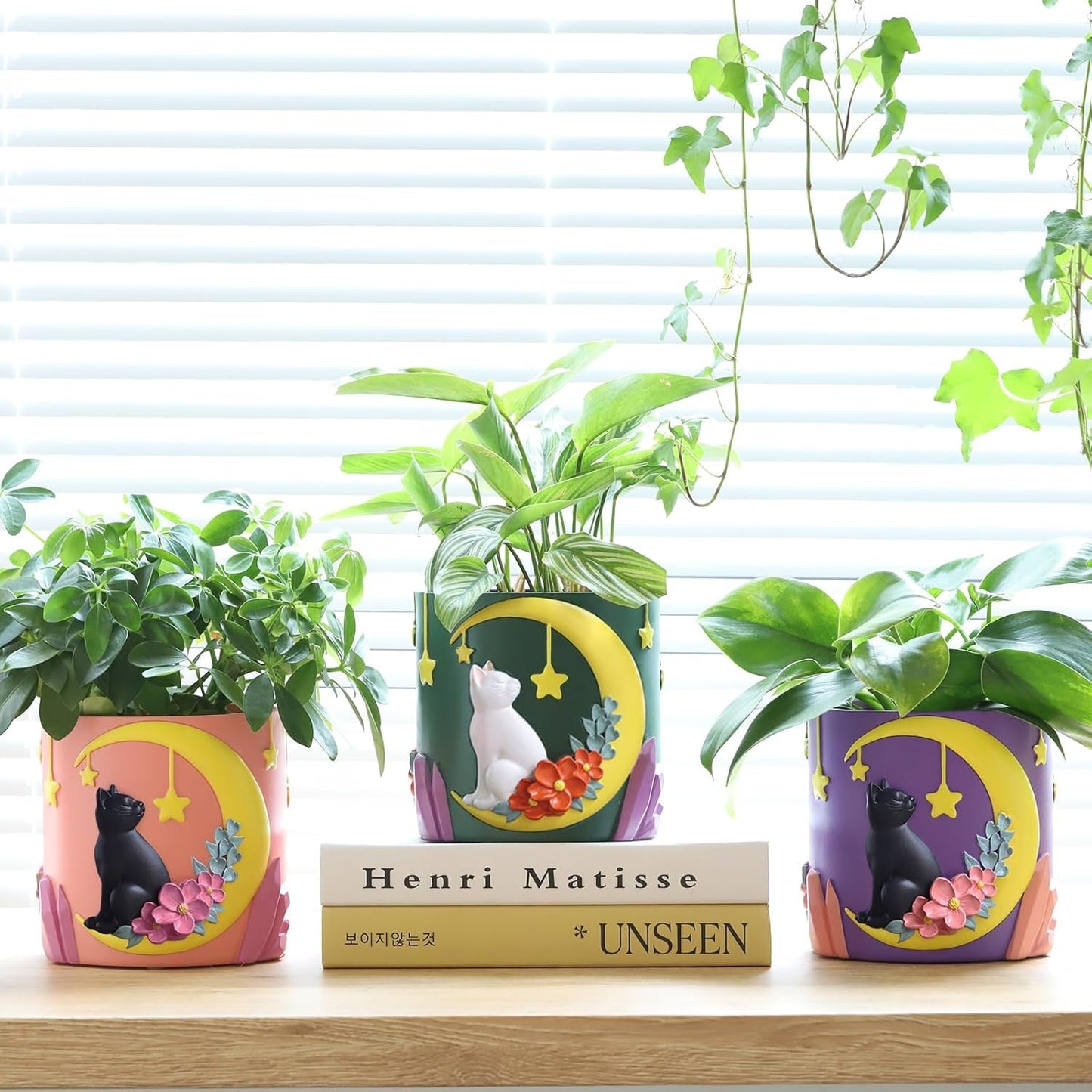 GUGUGO Leuke maankat bloempotten, unieke bloempot met drainage, regenboogkleuren, kleine kamerplantpotten, leuke succulente tuinpotten, cadeau, huisdecoratie (C)