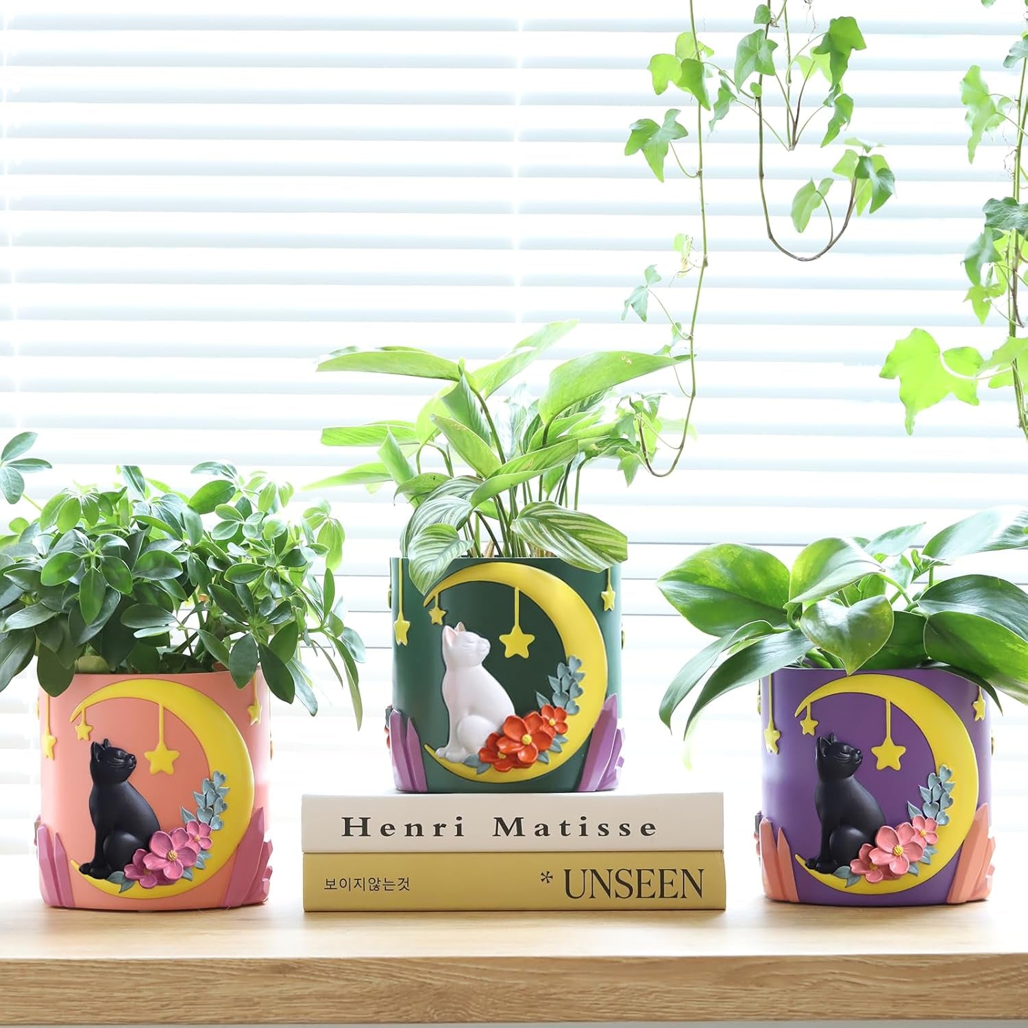 GUGUGO Leuke maankat bloempotten, unieke bloempot met drainage, regenboogkleuren, kleine kamerplantpotten, leuke succulente tuinpotten, cadeau, huisdecoratie (C)