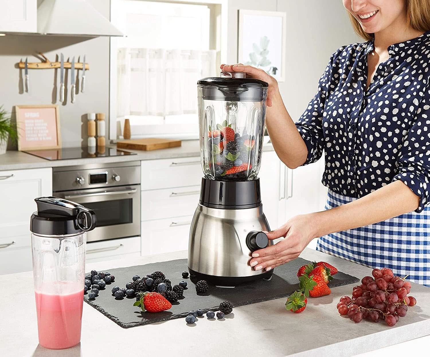 Russell Hobbs Standmixer 2-In-1 [1,5L Glasbehälter Mixer & 0,6L Mini Smoothie Maker -To-Go-Trinkflasche Inkl. Deckel] Spülmaschinenfest, Impuls-/Ice-Crush-functie, Becher BPA Frei, Edelstahl 23821-56 Keuken Naty Shop