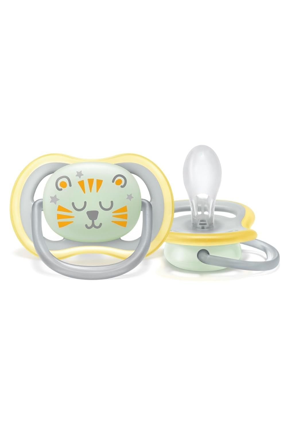Philips AVENT Ultra Air Nachtfopspeen voor baby's vanaf 18 jaar Glow in the Dark Twin Pack Cloud/Tiger (Model SCF376/01)