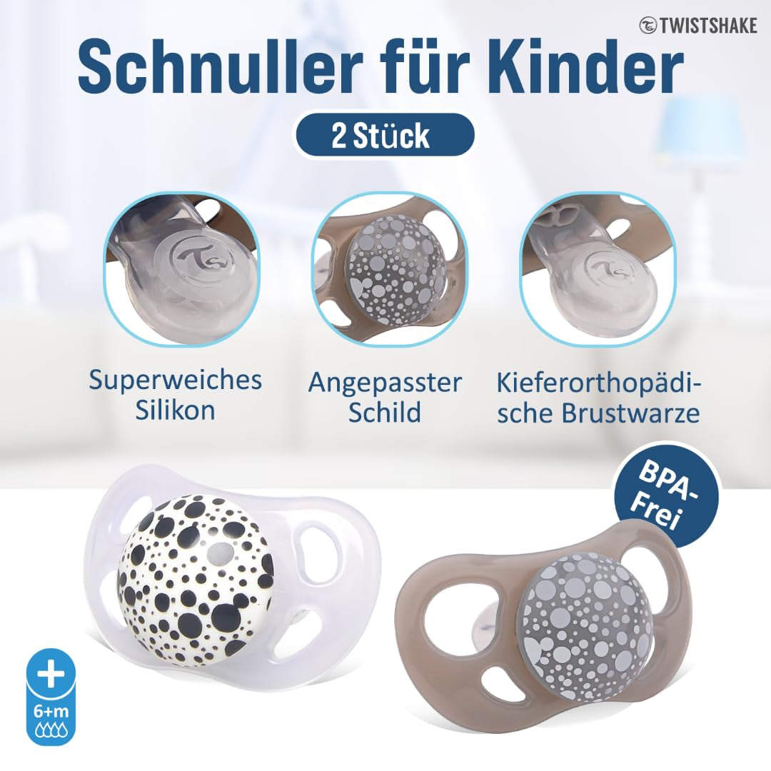 Twistshake Babyfopspenen – 2 stuks | Orthodontische vorm | Ultralicht | Zachte siliconen speen | BPA-vrij | Geschikt voor baby's vanaf 6 maanden | Grijs-wit