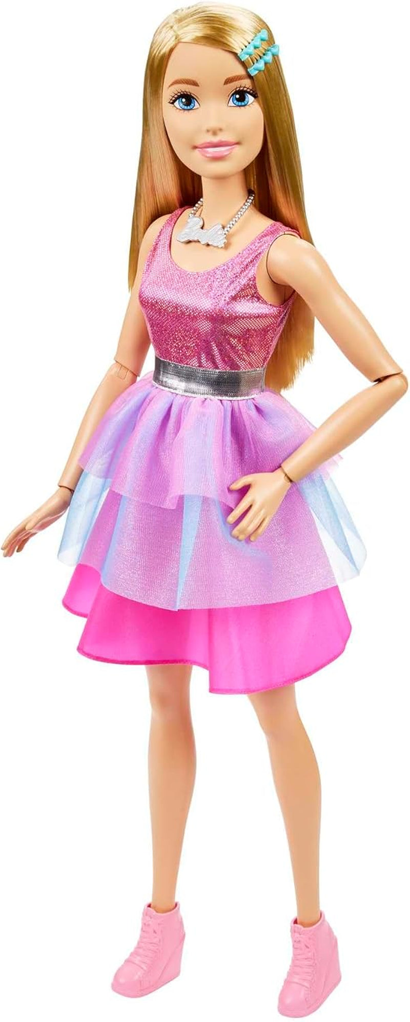 Barbie extra grote pop (71 cm) - roze jurk, blond haar met clip en ketting, cadeau voor 3 jaar en ouder, HJY02