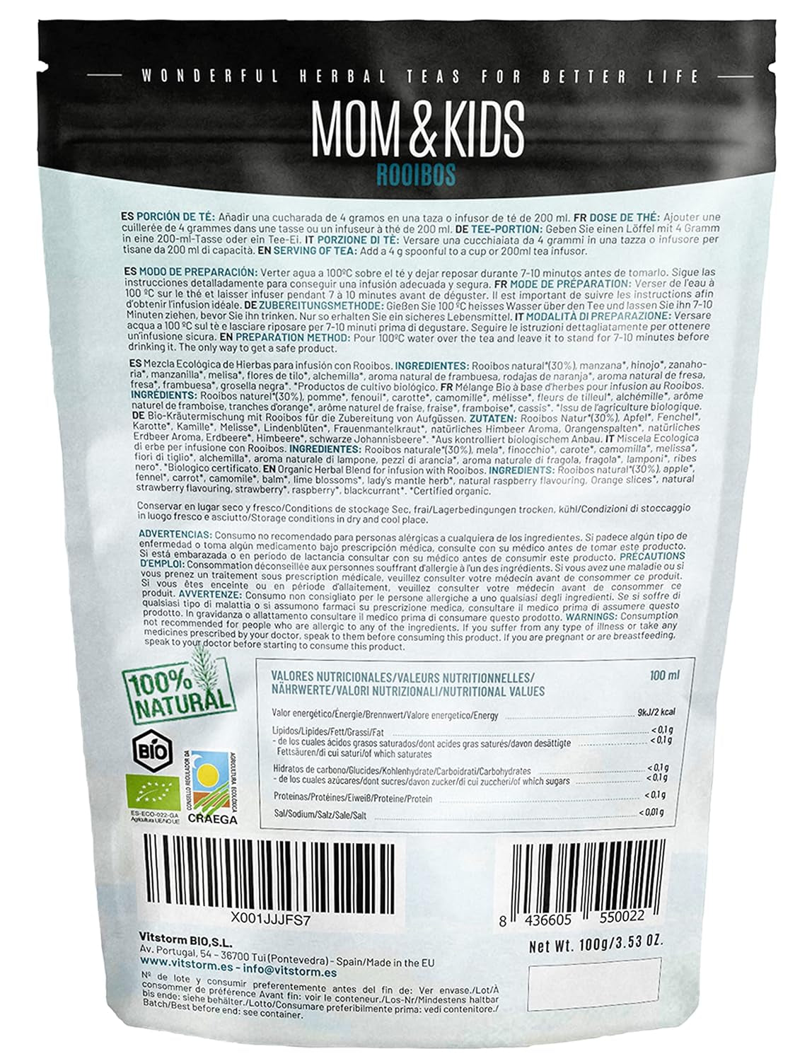 VITSTORM® BIO TEE Mom & Kids - Thee voor vrouwen en borstvoeding - Rooibos, appel, venkel, citroenmelisse, alchemilla, aardbei - Ontspannende thee - Fruitig en lekker - Cafeïnevrij - Kruidenthee 100 g