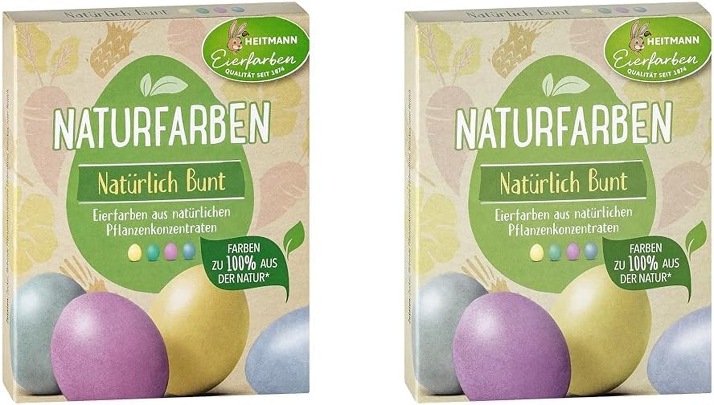 Heitmann eierverf natuurlijke kleurstofset, 3 eierverfpoeders (geel, paars, grijsblauw), stickervel van graspapier