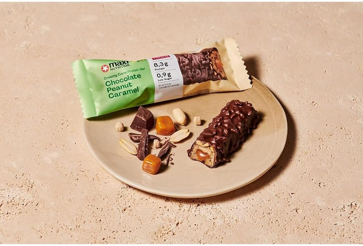 MaxiNutrition Romige veganistische eiwitreep met chocolade, pinda's en karamel 12x45g - veganistische eiwitreep, 18% eiwit, 8,3 g per reep, laag suikergehalte (0,9 g), geen toegevoegde suiker, geen kunstmatige smaakstoffen