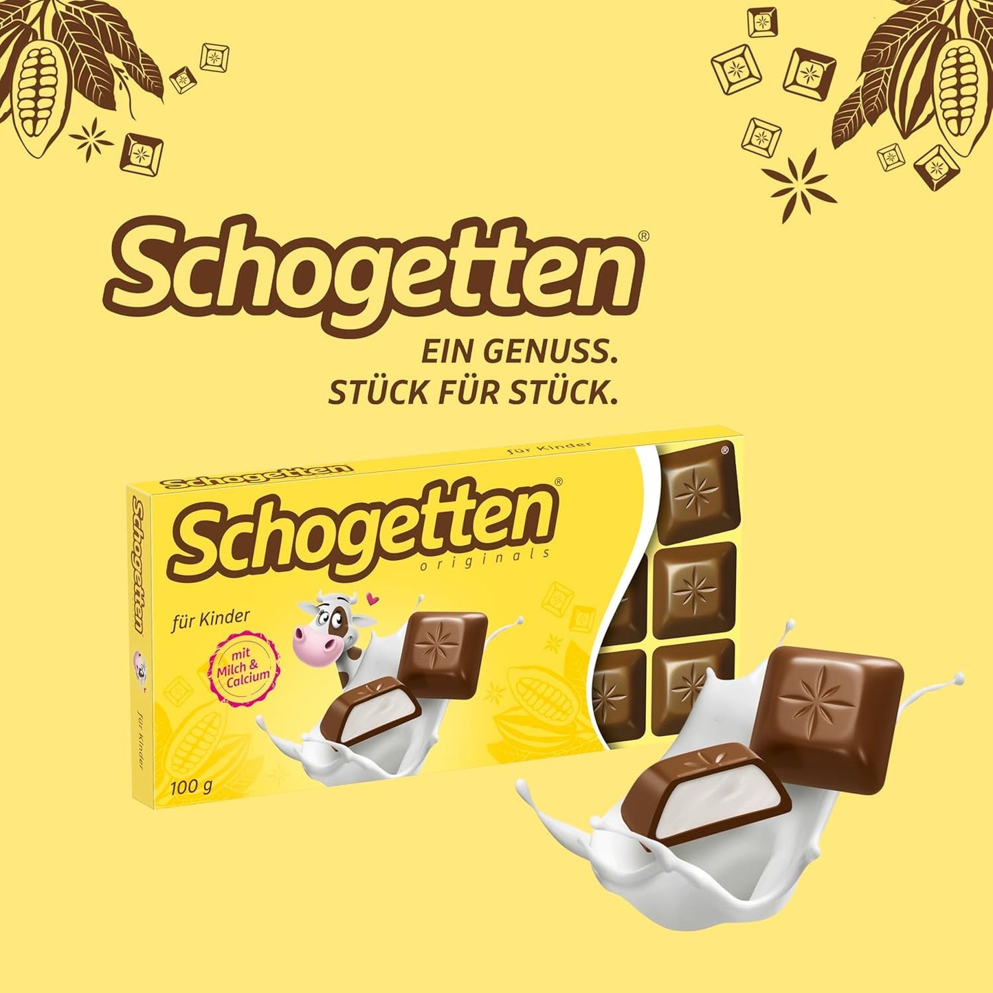 Schogenten voor kinderen, chocoladereep 100g, melkchocolade met romige melkvulling, handig geportioneerd. Een delicatesse. Stuk voor stuk.
