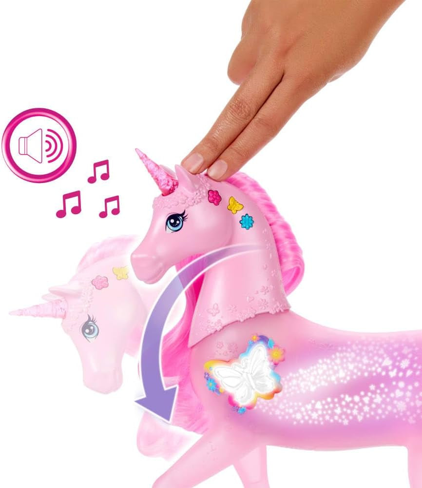 Barbie glow-in-the-dark eenhoorn met 20 interactieve combinaties van licht-, geluids- en muziekeffecten voor spel met drukknoppen en hoofdstreling, JCP78
